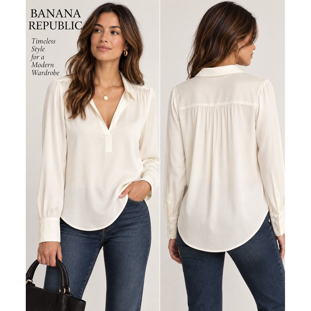 NWT Banana Republic Ivory Blouse L Draped V Neck High Low Quiet Luxury
